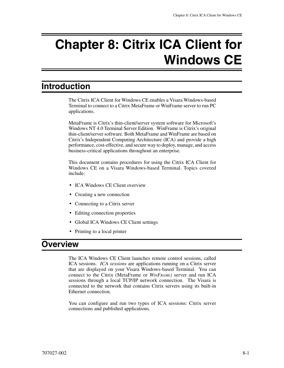 Chapter 8: citrix ica client for windows ce, Introduction, Overview | Chapter 8: citrix ica client for windows ce -1, Introduction -1 overview -1 | Visara 410 User Manual | Page 57 / 86