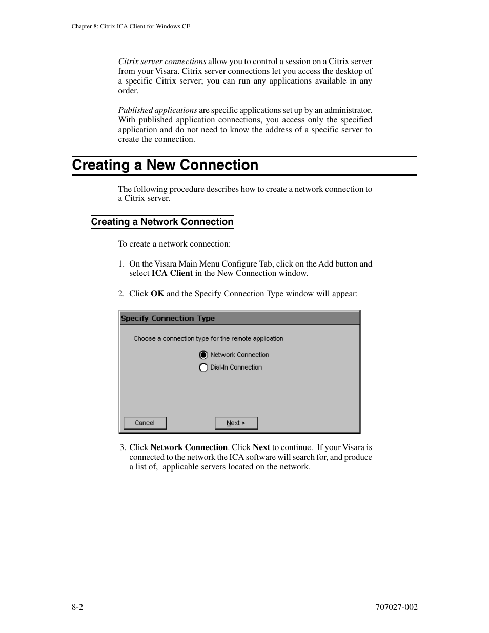 Creating a new connection, Creating a network connection, Creating a new connection -2 | Creating a network connection -2 | Visara 410 User Manual | Page 58 / 86