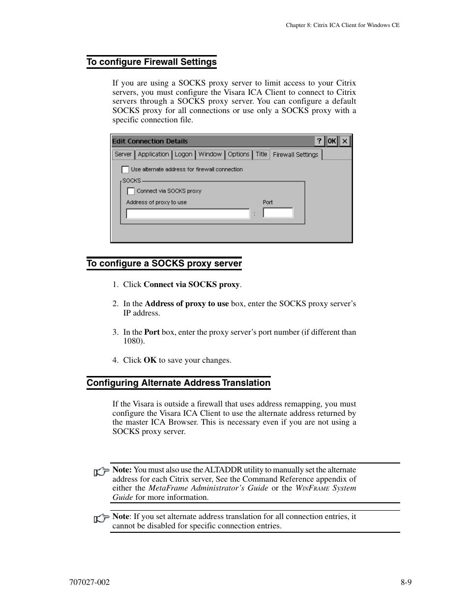To configure firewall settings, To configure a socks proxy server, Configuring alternate address translation | Visara 410 User Manual | Page 65 / 86