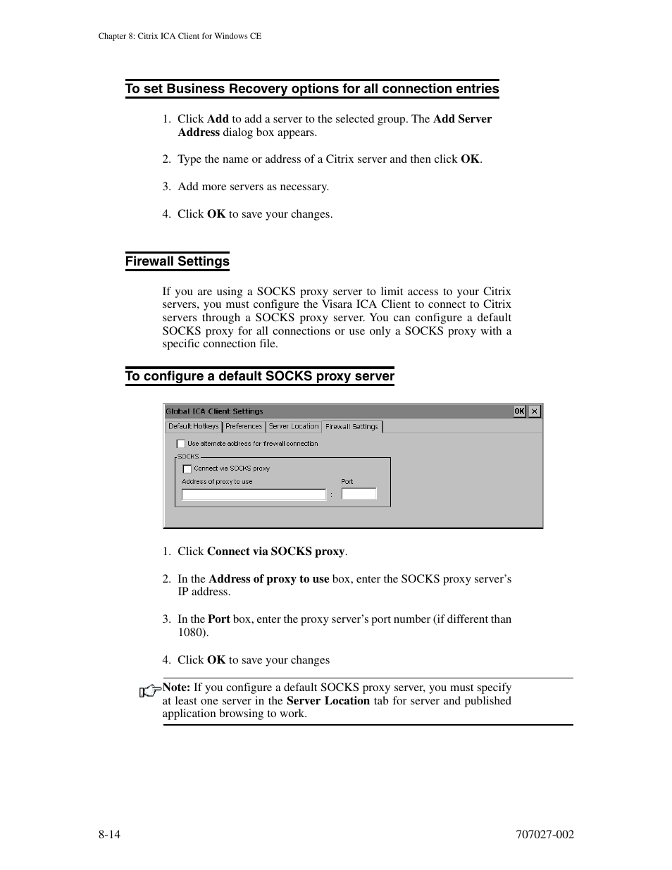 Firewall settings, To configure a default socks proxy server | Visara 410 User Manual | Page 70 / 86