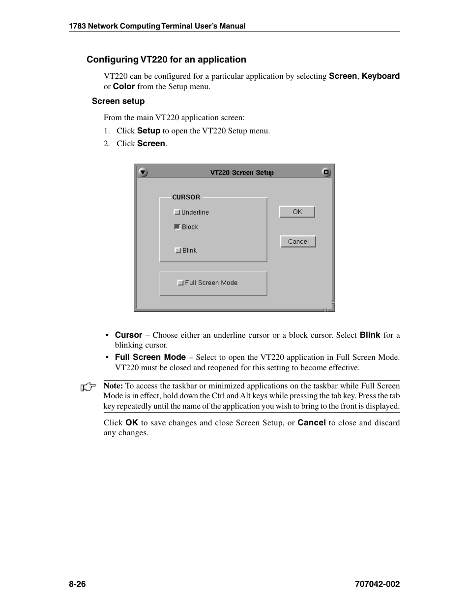 Configuring vt220 for an application, Screen setup, vt220, Vt220, applications for | Vt220, Configuring for an application, Screen setup | Visara 1783 User Manual | Page 102 / 172