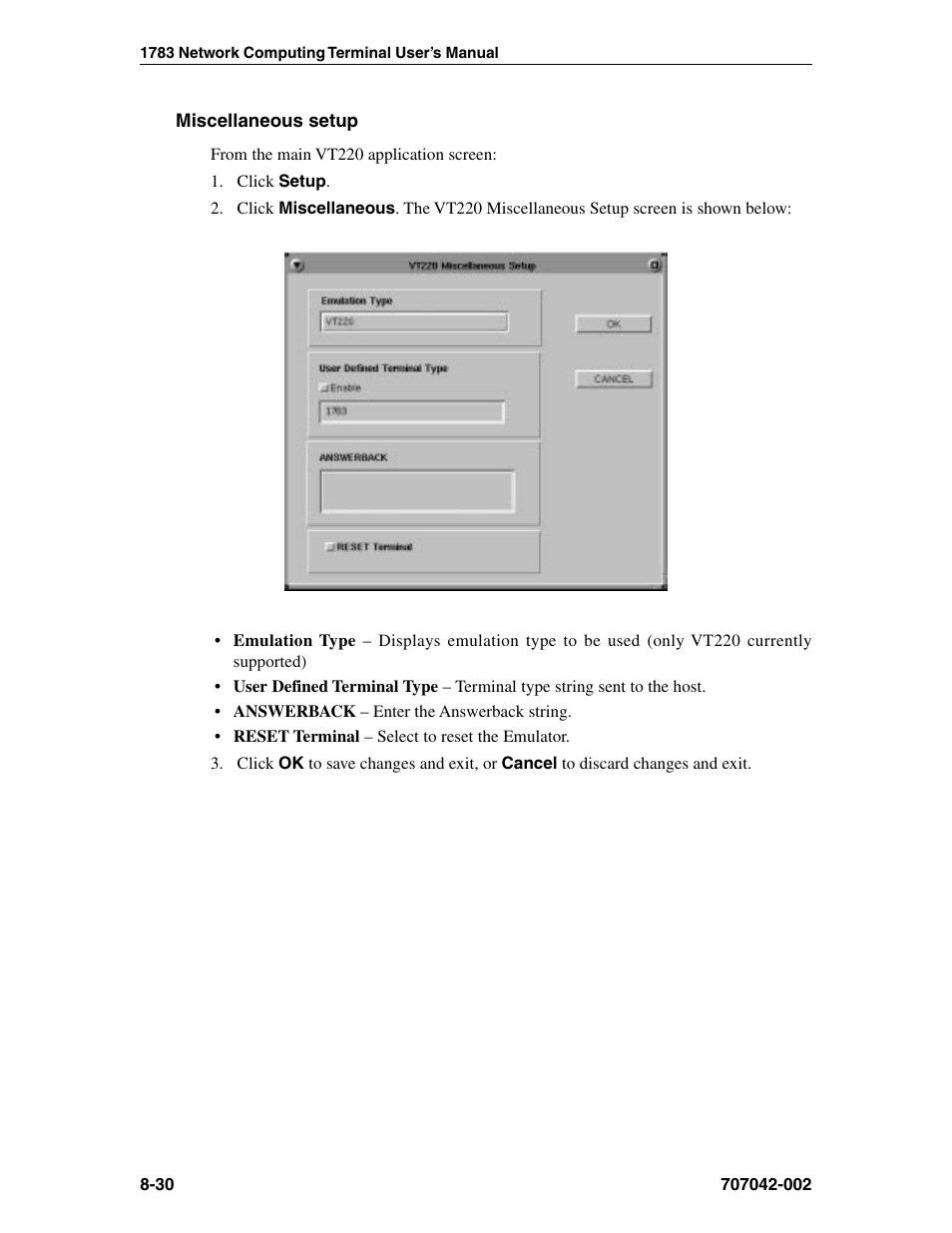 Miscellaneous setup, Answerback, vt220, Miscellaneous setup, vt220 | Vt220, Printer setup -31 | Visara 1783 User Manual | Page 106 / 172