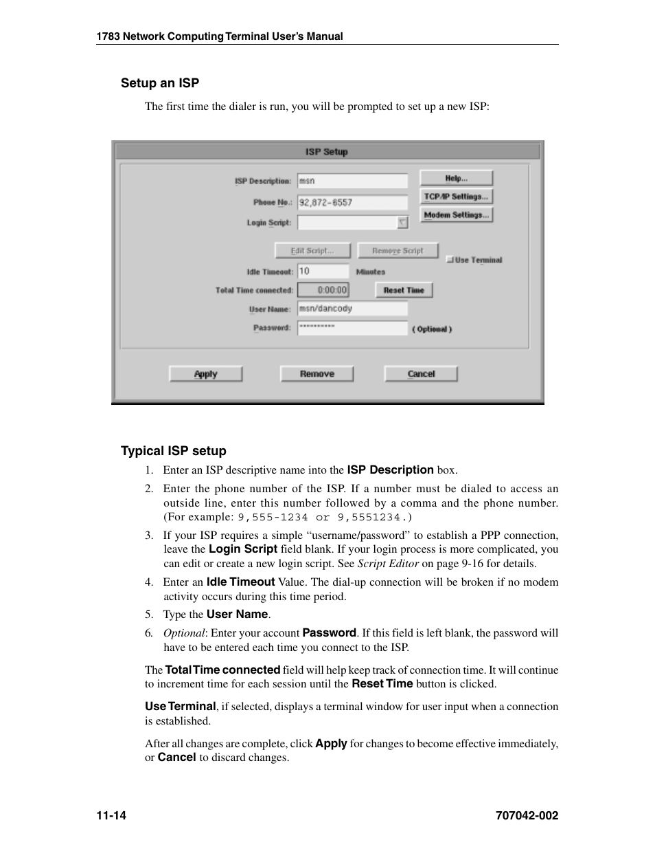 Setup an isp, Typical isp setup, Isp setup | Dial-up connection, Setup, Setup an isp -14 typical isp setup -14 | Visara 1783 User Manual | Page 140 / 172