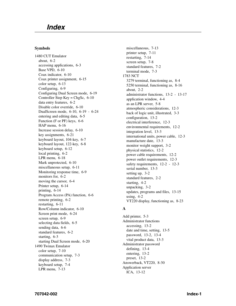 Index, Symbols, 1480 cut emulator | 1490 twinax emulator, 1783 nct, Administrator functions, Administrator password, Application server | Visara 1783 User Manual | Page 167 / 172
