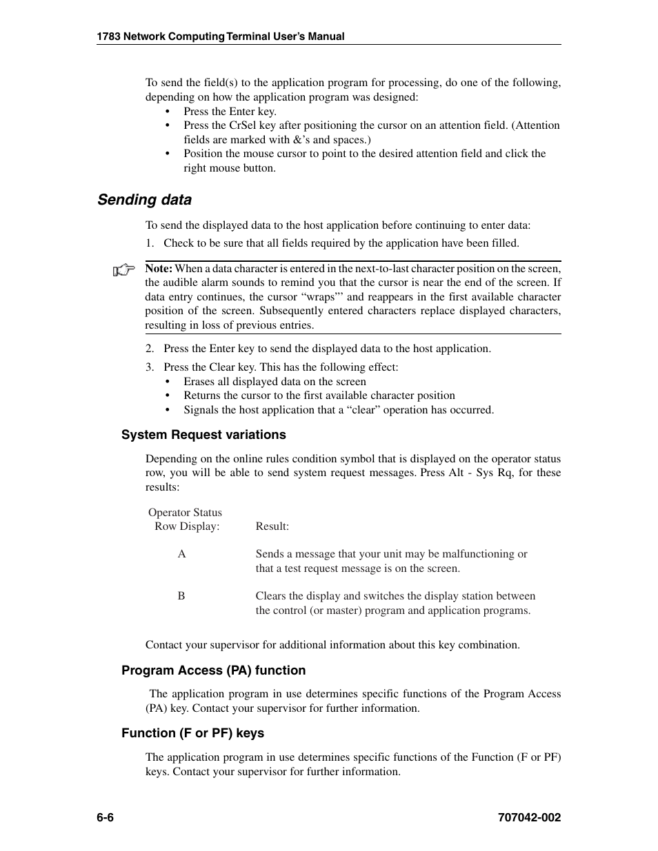Sending data, System request variations, Program access (pa) function | Function (f or pf) keys, Function (f or pf) keys, 1480 cut emulator, Sending data, 1480 cut emulator, Sending data -6 | Visara 1783 User Manual | Page 44 / 172