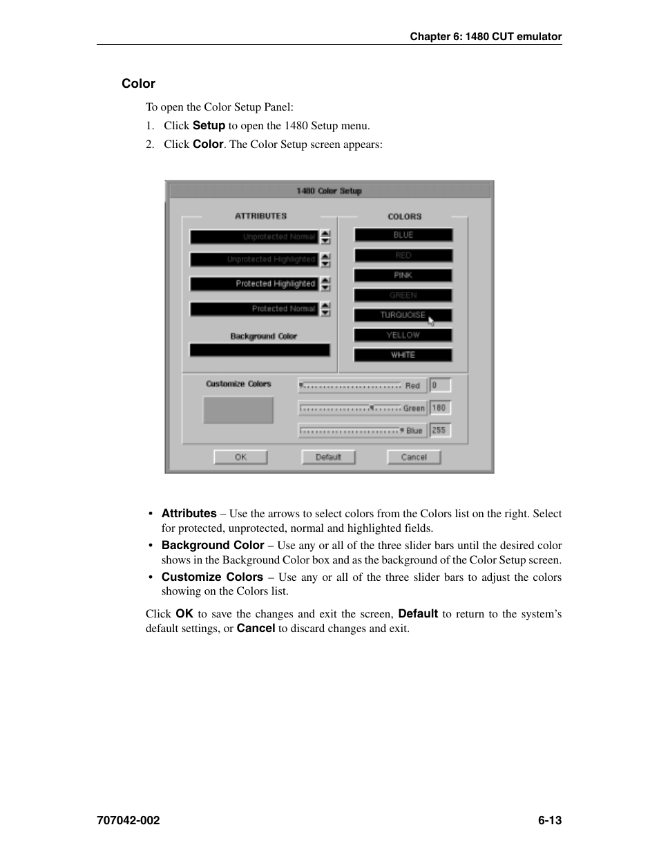 Color, Color setup, 1480 cut emulator | Color -13 | Visara 1783 User Manual | Page 51 / 172