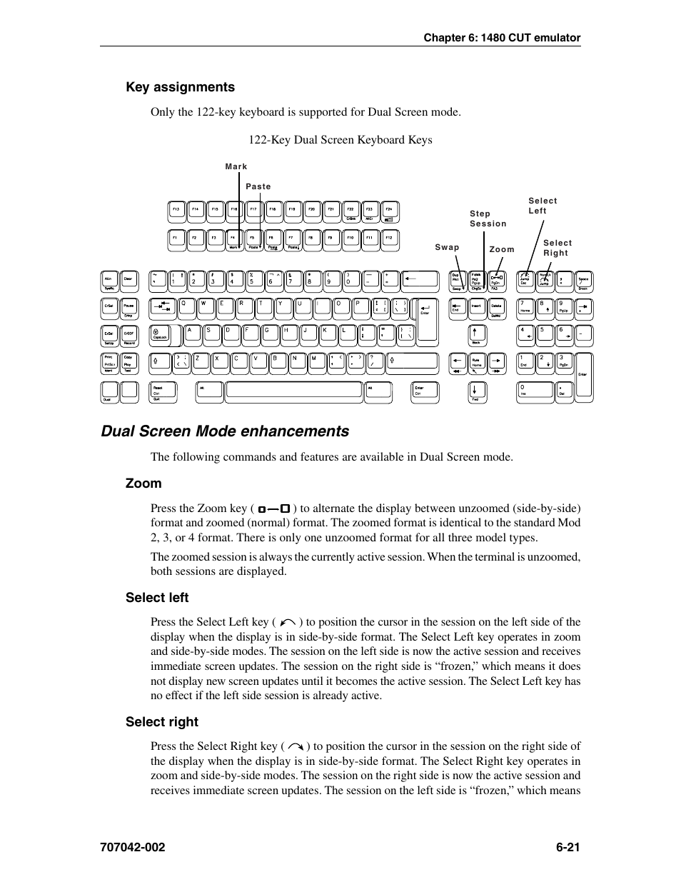 Key assignments, Dual screen mode enhancements, Zoom | Select left, Select right, Enhancements, Key assignments, 1480 cut emulator, Select left, 1480 cut emulator, Select right, 1480 cut emulator, Zoom key, 1480 cut emulator | Visara 1783 User Manual | Page 59 / 172