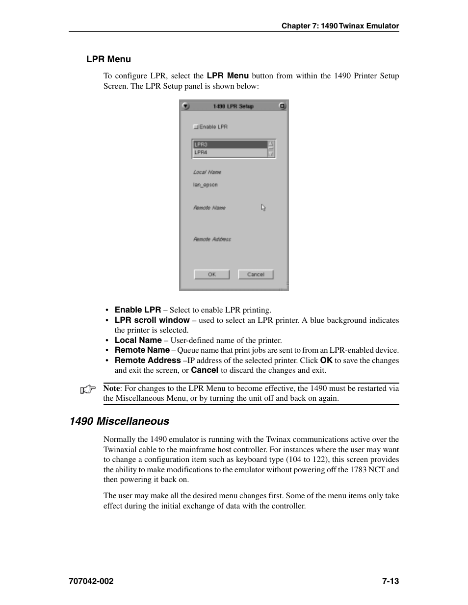Lpr menu, 1490 miscellaneous, Miscellaneous | 1490 twinax emulator, Lpr menu -13, 1490 miscellaneous -13 | Visara 1783 User Manual | Page 75 / 172