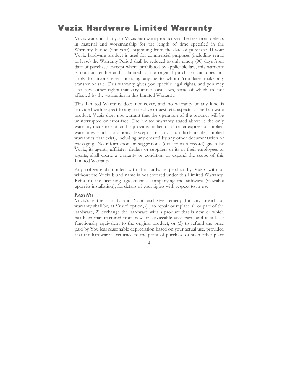 Vuzix hardware limited warranty | Vuzix STAR 1200 User Guide User Manual | Page 6 / 51