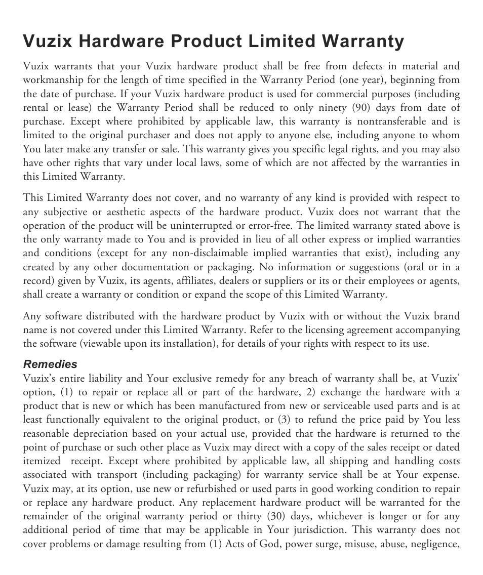 Vuzix hardware product limited warranty | Vuzix Wrap 1200 Video Eyewear User Guide User Manual | Page 5 / 25