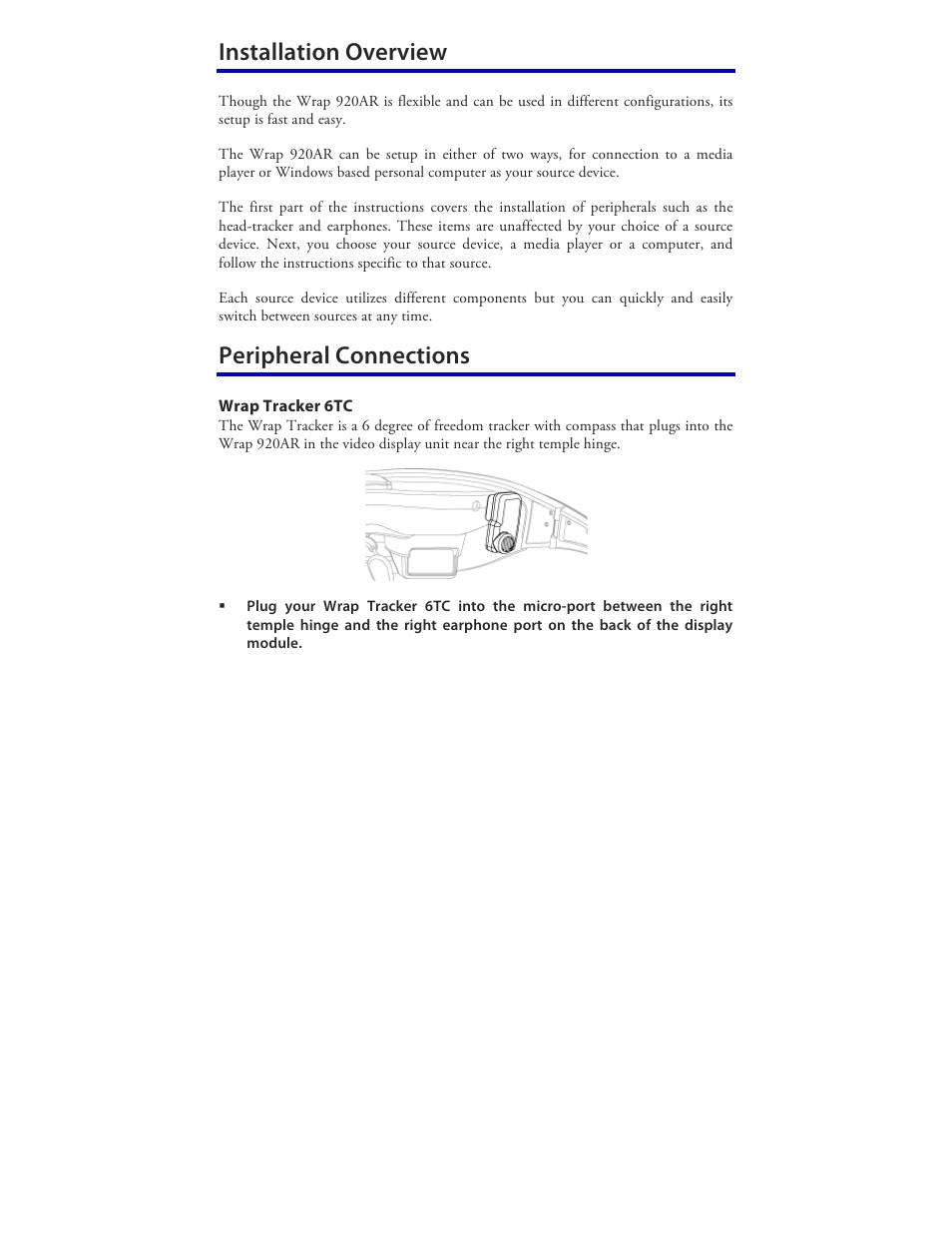 Installation overview, Peripheral connections | Vuzix Wrap 920AR User Manual | Page 12 / 101