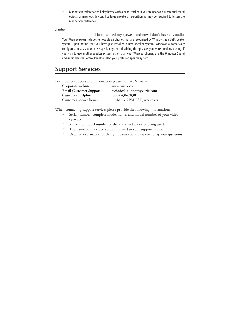 Support services | Vuzix Wrap 920AR User Manual | Page 99 / 101