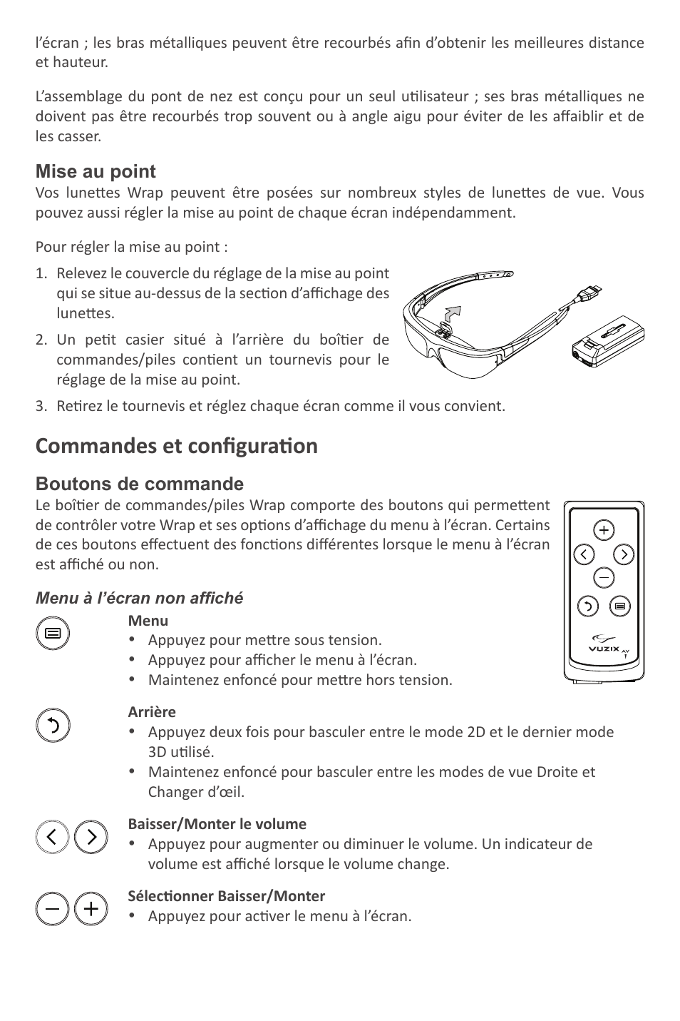 Commandes et configuration | Vuzix Wrap Video Eyewear User Manual | Page 12 / 48