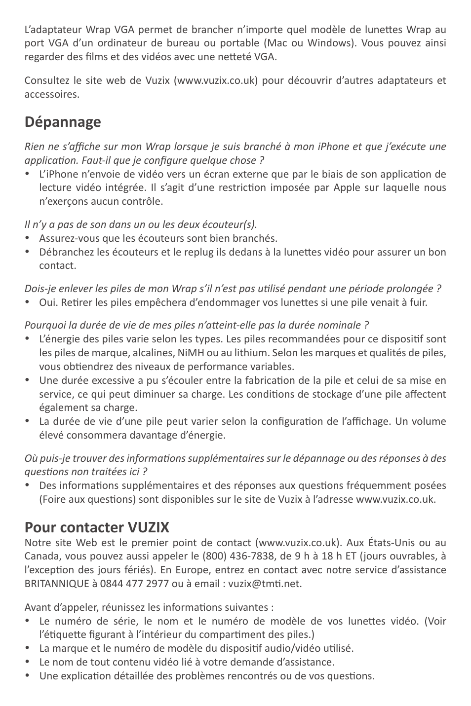 Dépannage, Pour contacter vuzix | Vuzix Wrap Video Eyewear User Manual | Page 15 / 48
