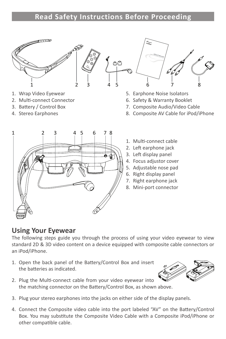 Read safety instructions before proceeding, Using your eyewear | Vuzix Wrap Video Eyewear User Manual | Page 2 / 48