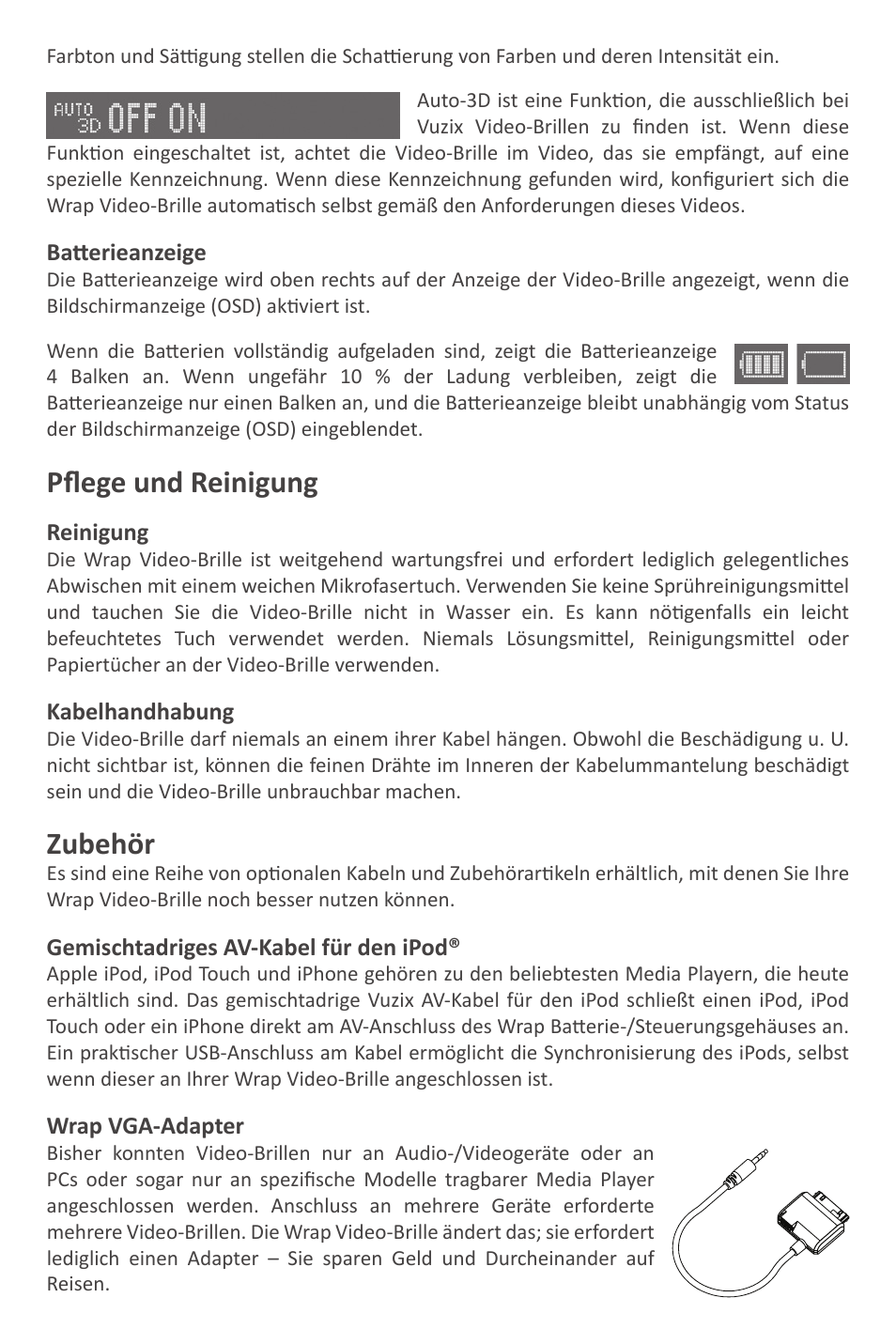 Pflege und reinigung, Zubehör | Vuzix Wrap Video Eyewear User Manual | Page 22 / 48