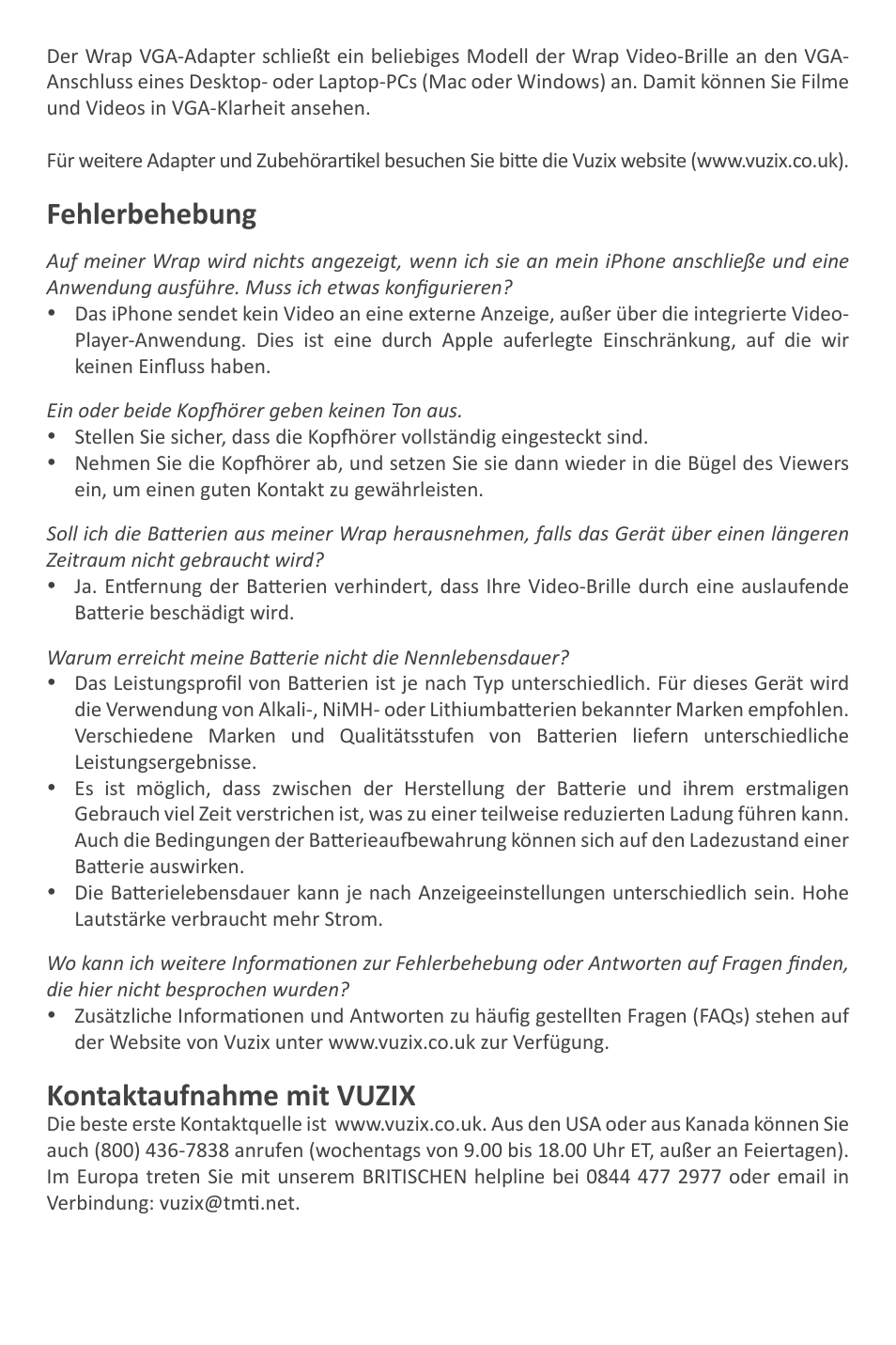 Fehlerbehebung, Kontaktaufnahme mit vuzix | Vuzix Wrap Video Eyewear User Manual | Page 23 / 48