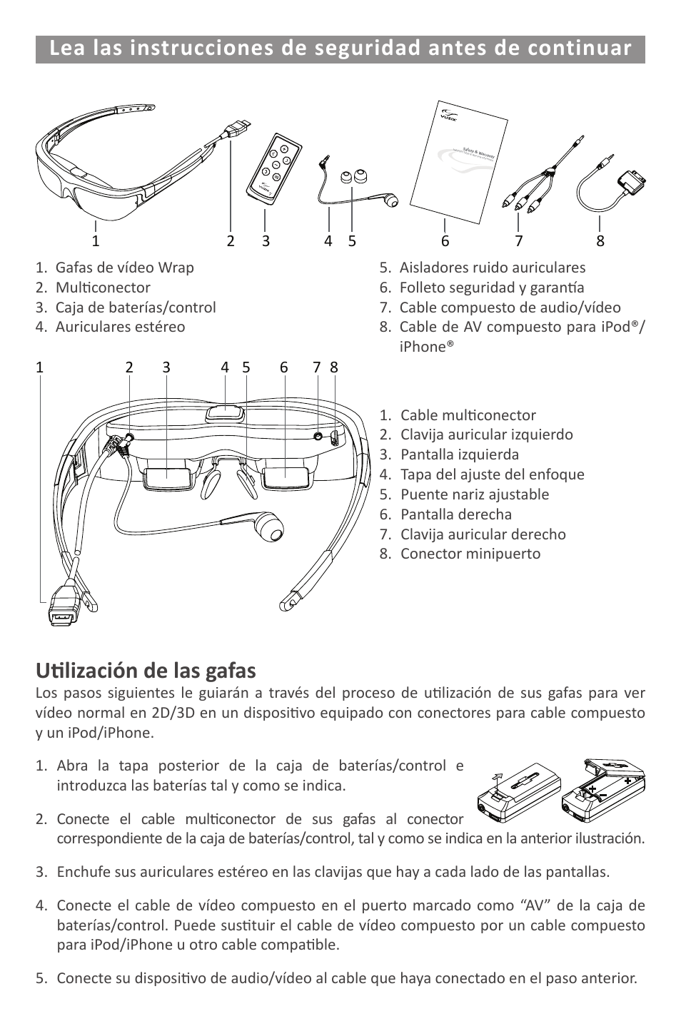 Utilización de las gafas | Vuzix Wrap Video Eyewear User Manual | Page 26 / 48