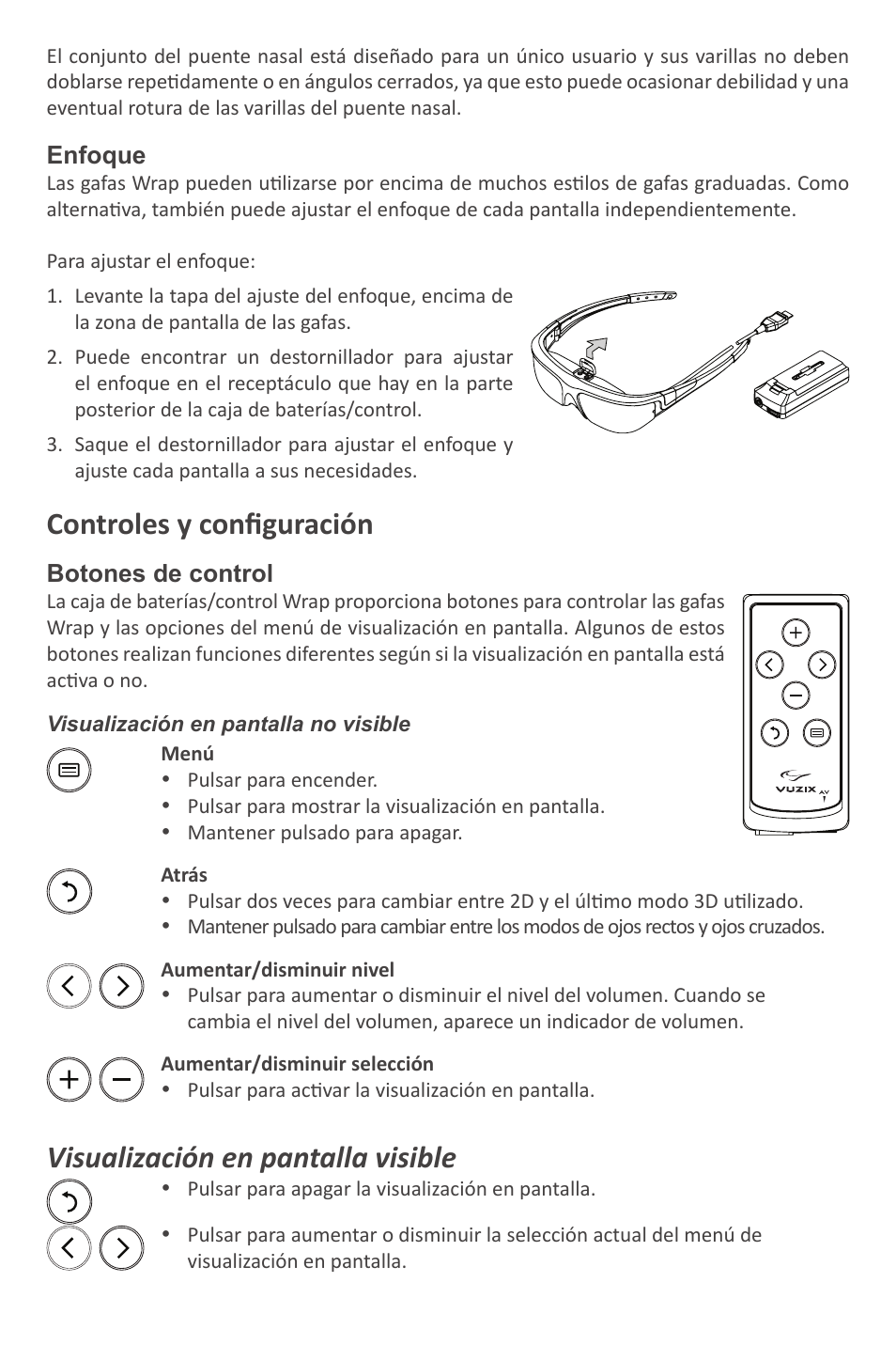 Controles y configuración, Visualización en pantalla visible | Vuzix Wrap Video Eyewear User Manual | Page 28 / 48