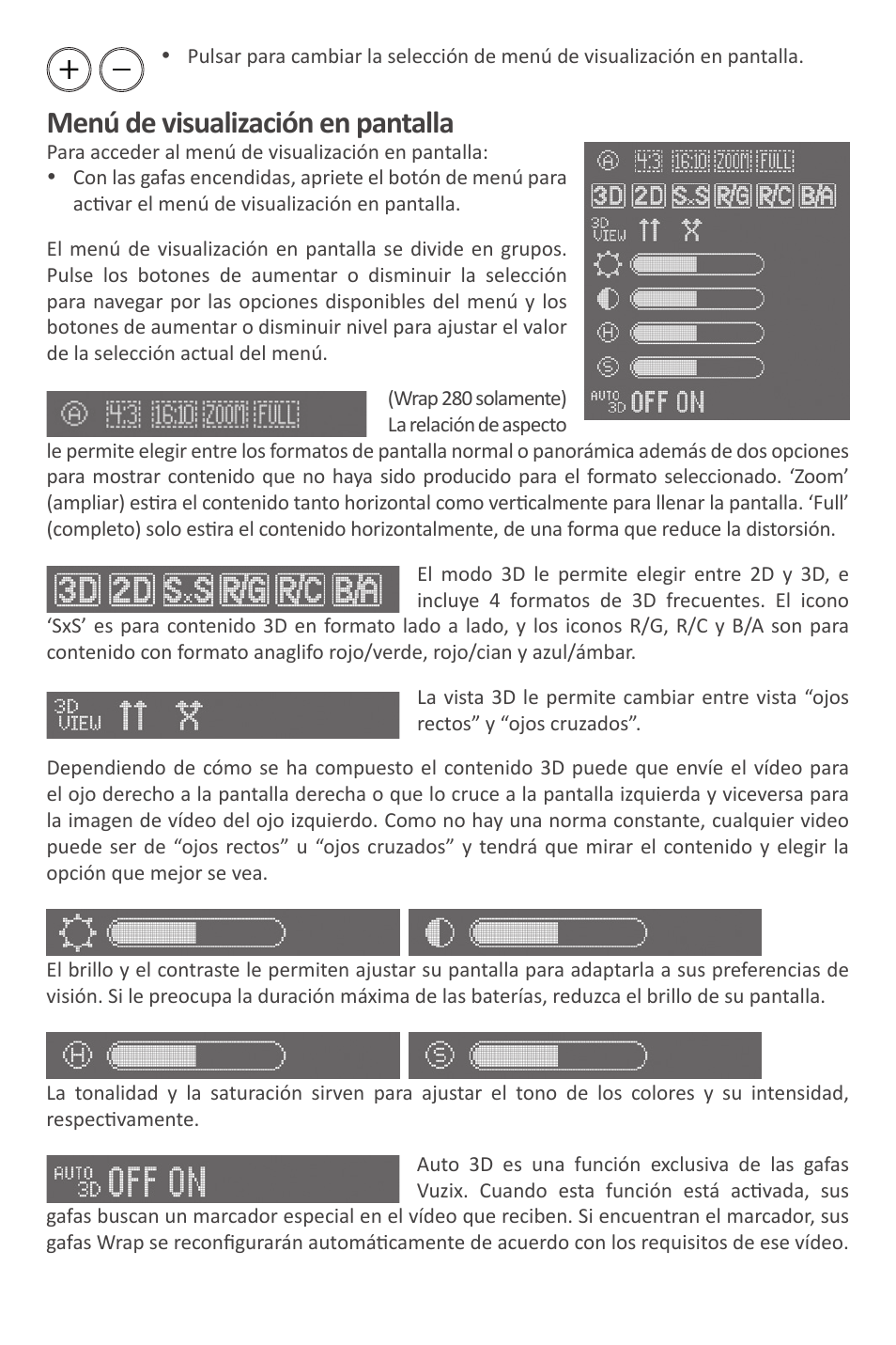 Menú de visualización en pantalla | Vuzix Wrap Video Eyewear User Manual | Page 29 / 48