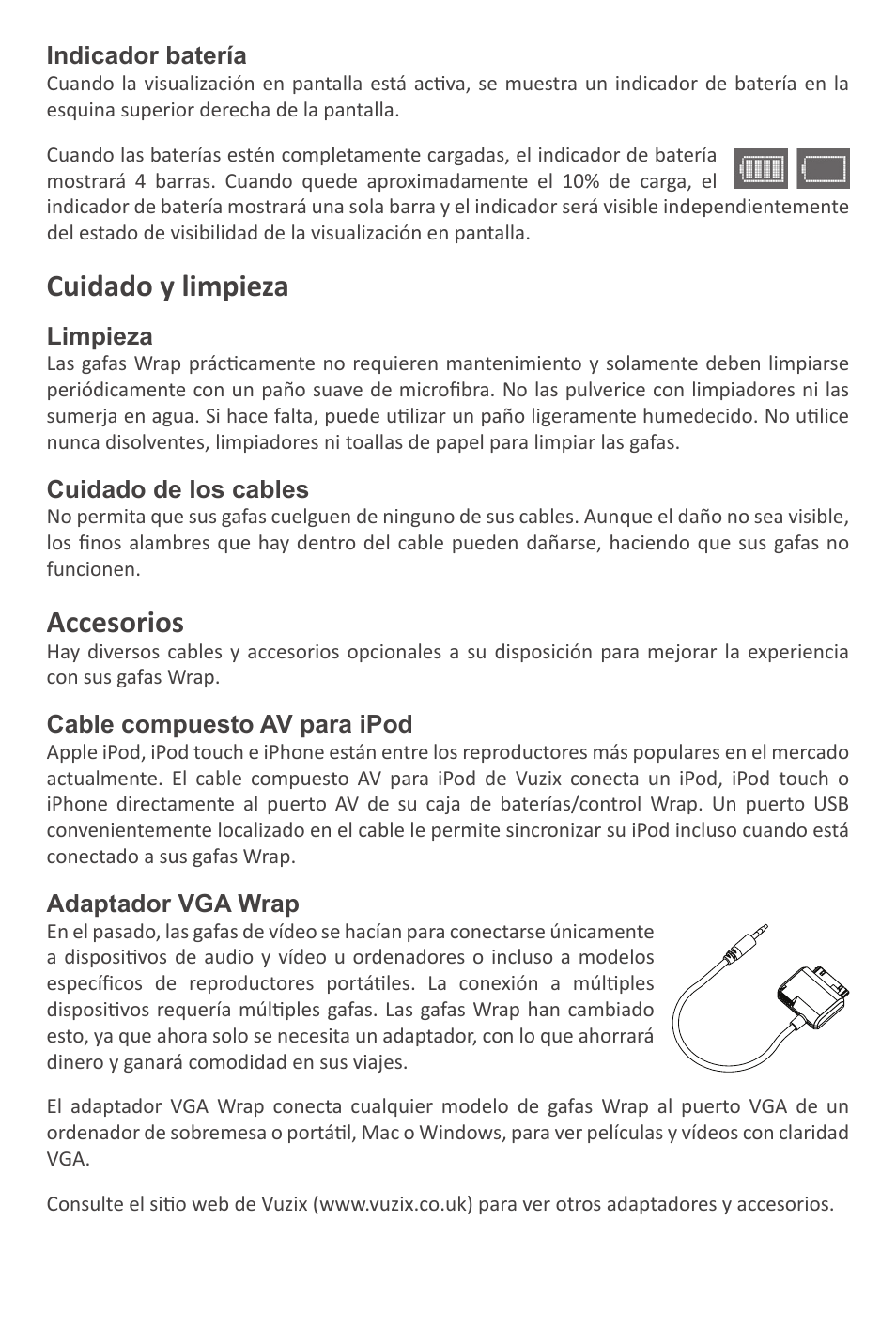 Cuidado y limpieza, Accesorios | Vuzix Wrap Video Eyewear User Manual | Page 30 / 48