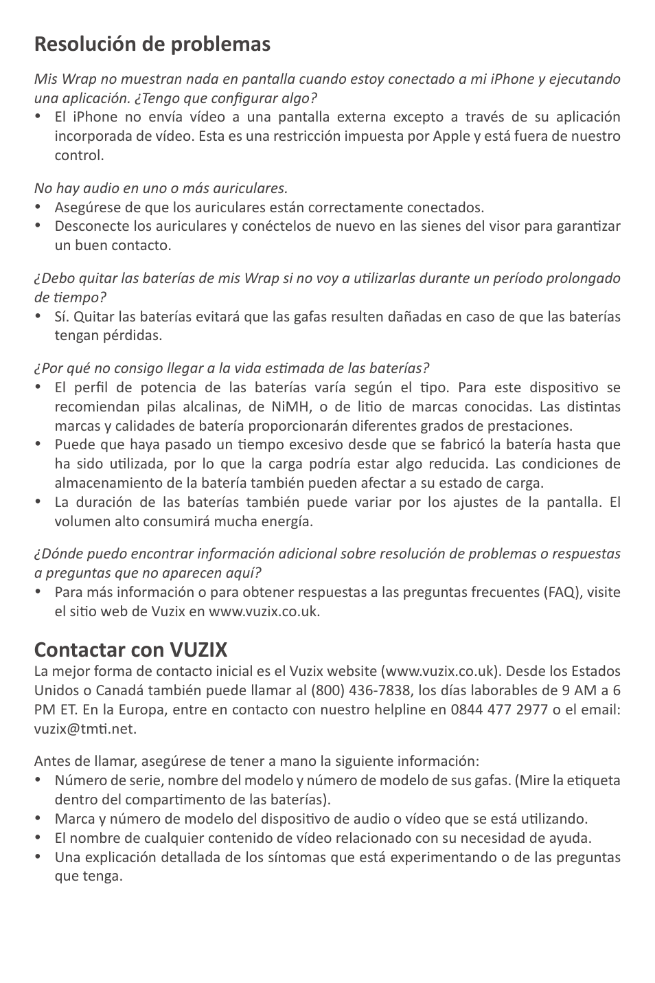 Resolución de problemas, Contactar con vuzix | Vuzix Wrap Video Eyewear User Manual | Page 31 / 48