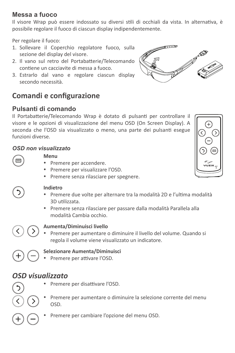 Comandi e configurazione, Osd visualizzato | Vuzix Wrap Video Eyewear User Manual | Page 36 / 48