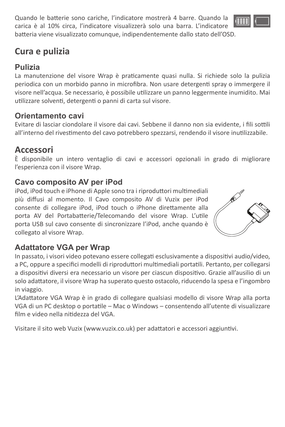 Cura e pulizia, Accessori | Vuzix Wrap Video Eyewear User Manual | Page 38 / 48
