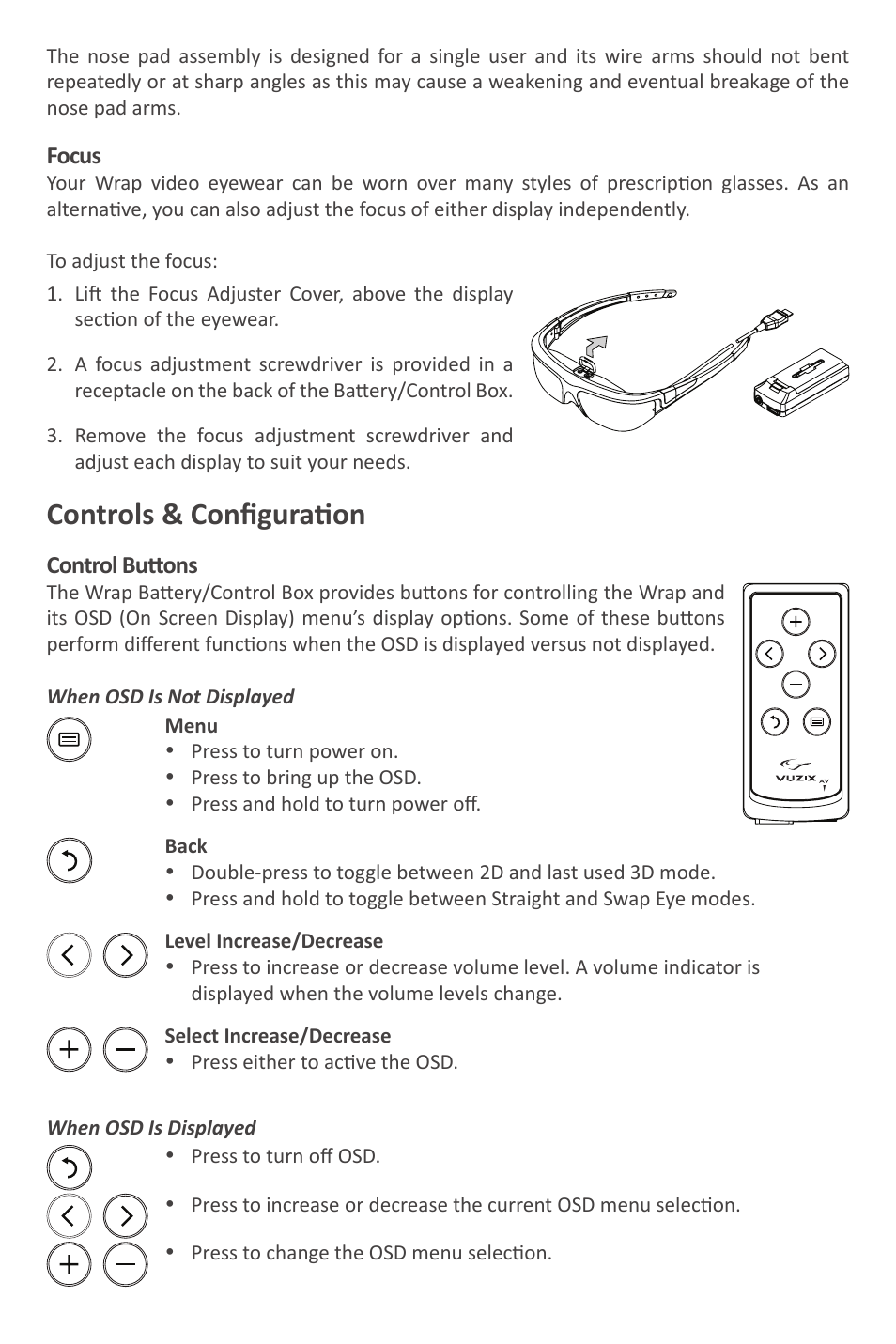 Controls & configuration | Vuzix Wrap Video Eyewear User Manual | Page 4 / 48