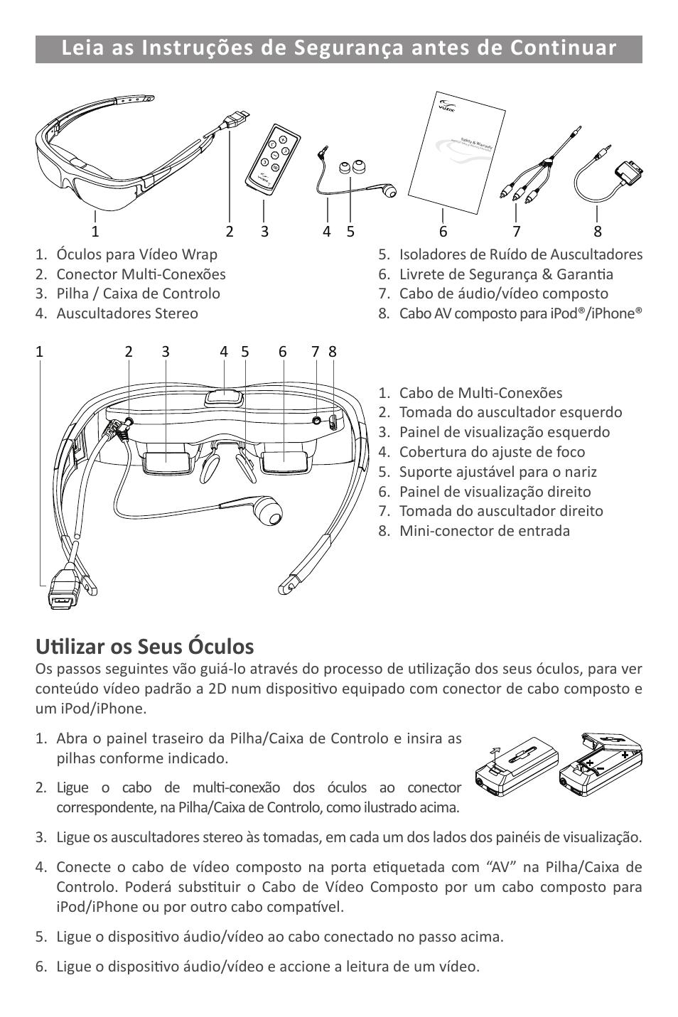 Leia as instruções de segurança antes de continuar, Utilizar os seus óculos | Vuzix Wrap Video Eyewear User Manual | Page 42 / 48