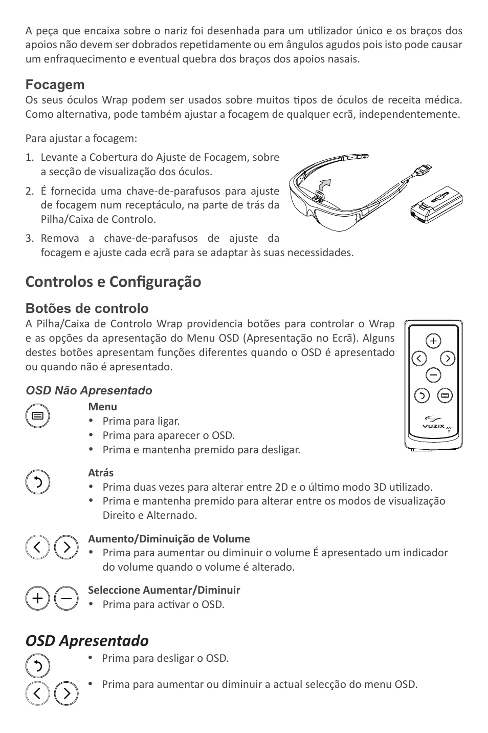 Controlos e configuração, Osd apresentado | Vuzix Wrap Video Eyewear User Manual | Page 44 / 48