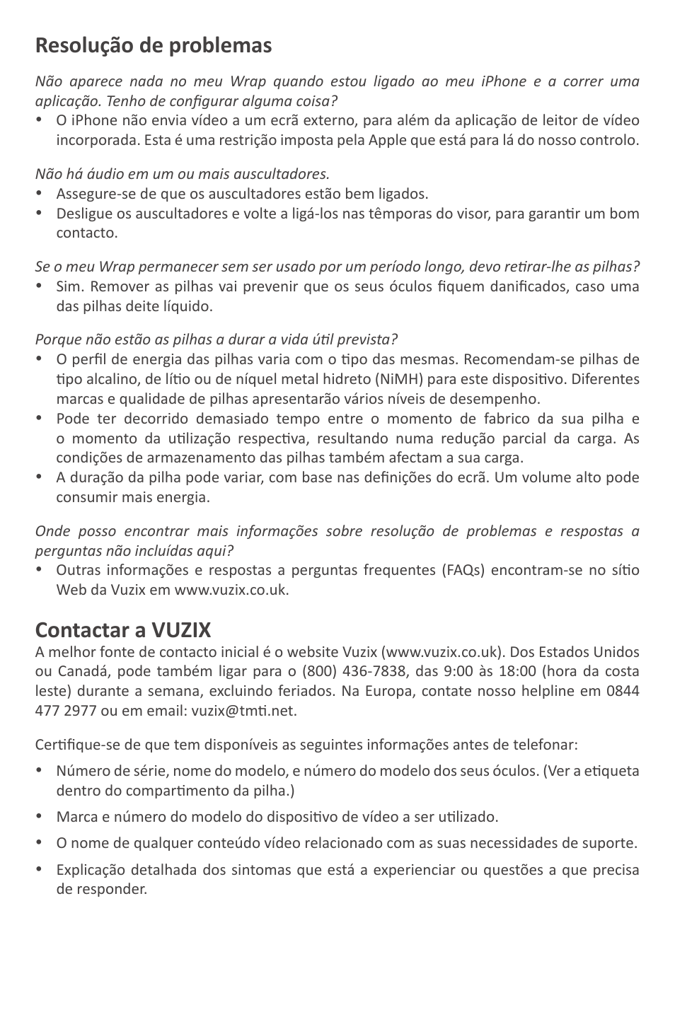 Resolução de problemas, Contactar a vuzix | Vuzix Wrap Video Eyewear User Manual | Page 47 / 48