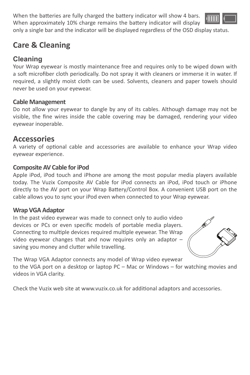 Care & cleaning, Accessories | Vuzix Wrap Video Eyewear User Manual | Page 6 / 48