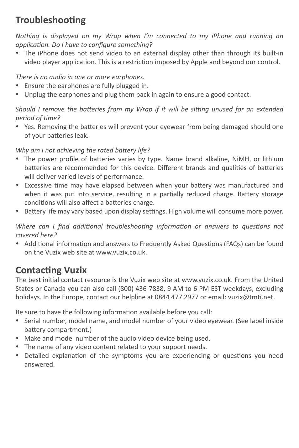 Troubleshooting, Contacting vuzix | Vuzix Wrap Video Eyewear User Manual | Page 7 / 48