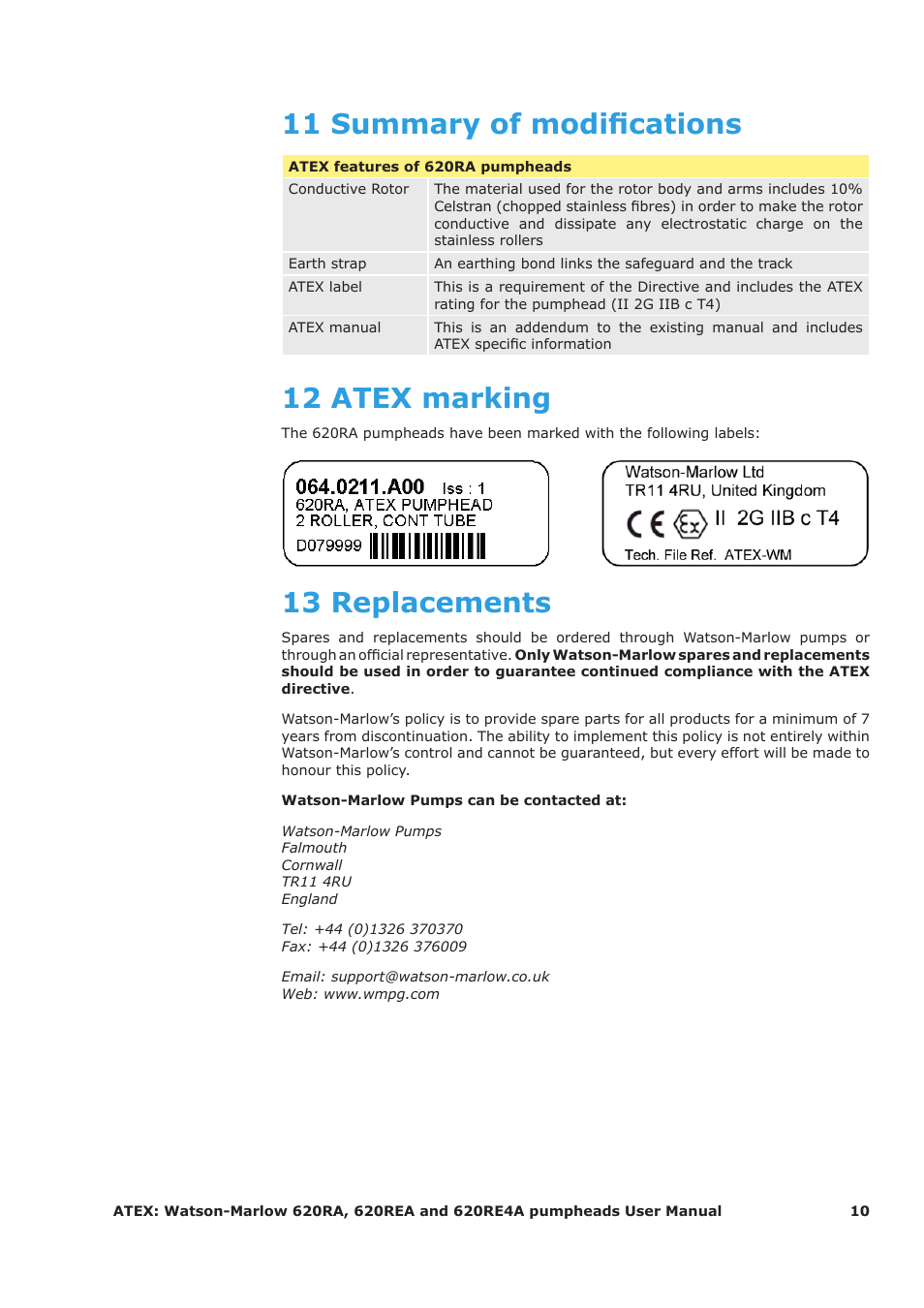 11 summary of modifications, 12 atex marking, 13 replacements | Watson-Marlow 620RA User Manual | Page 10 / 11