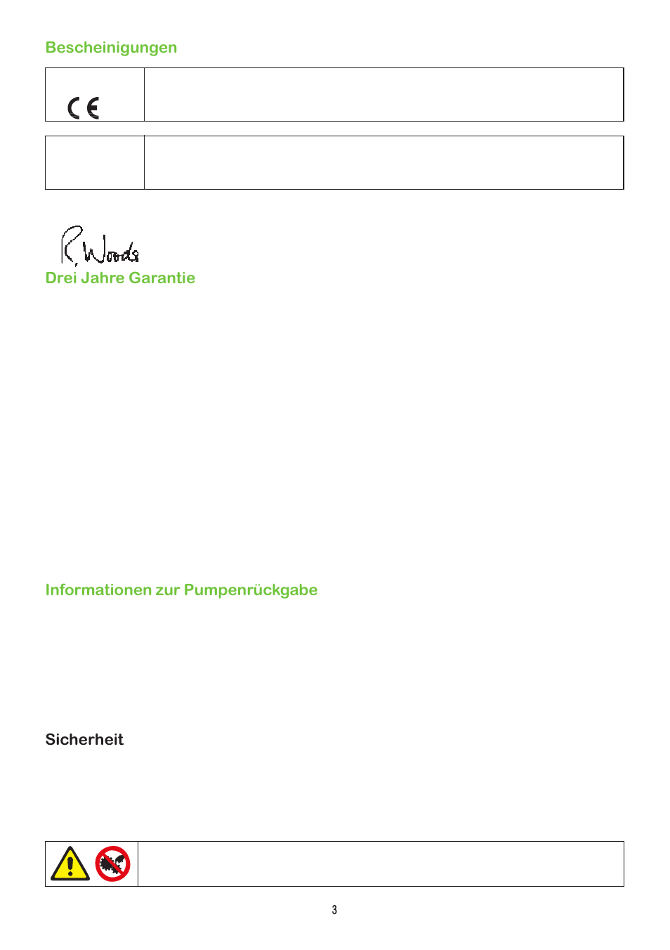 Bescheinigungen, Drei jahre garantie, Informationen zur pumpenrückgabe | Watson-Marlow 504Du User Manual | Page 3 / 31