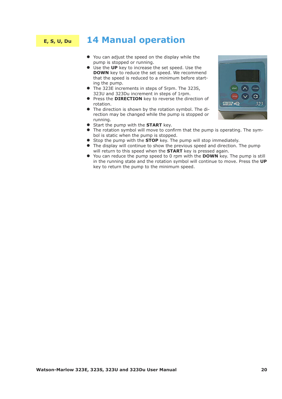 14 manual operation | Watson-Marlow 323Du User Manual | Page 20 / 48