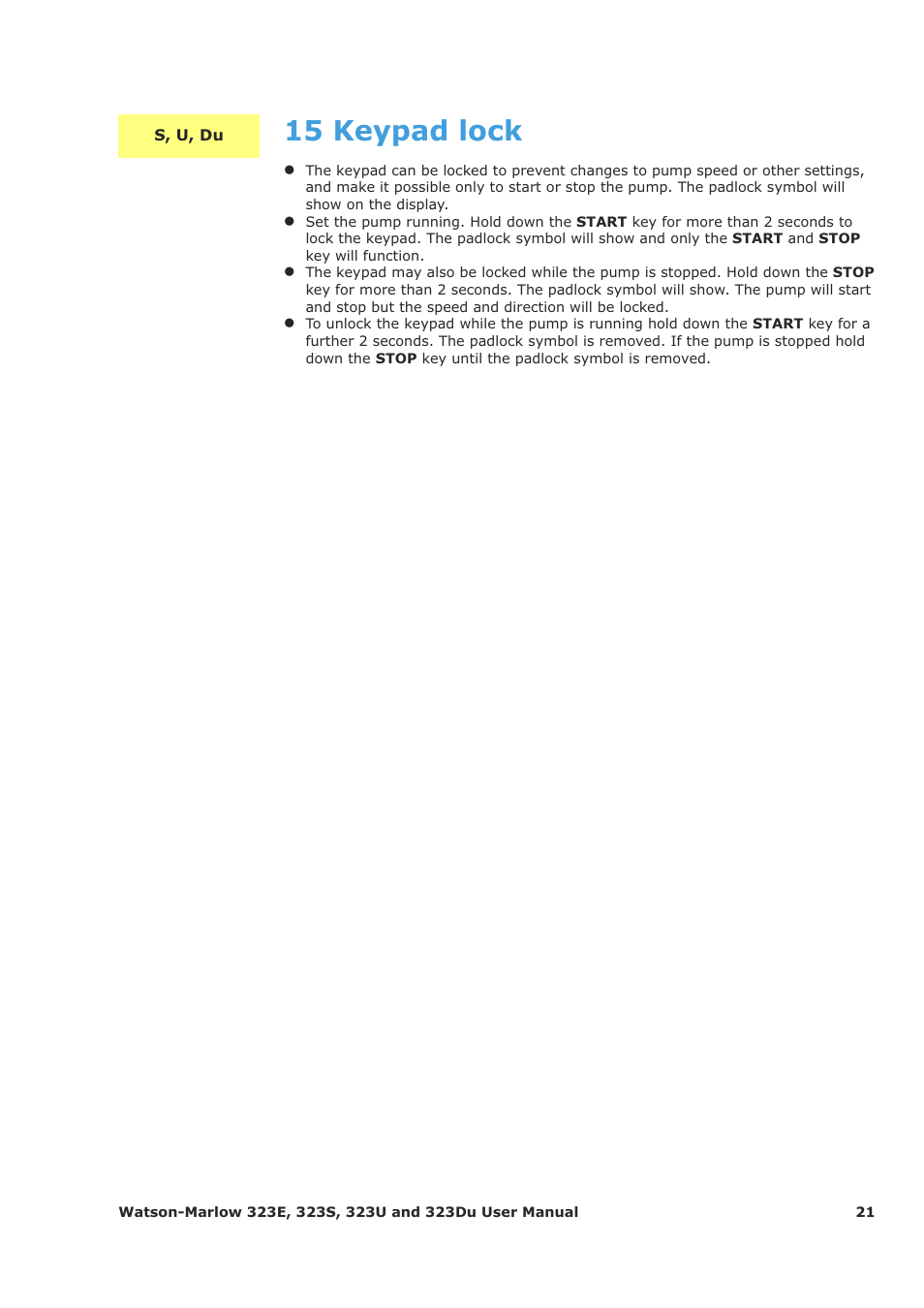 15 keypad lock | Watson-Marlow 323Du User Manual | Page 21 / 48