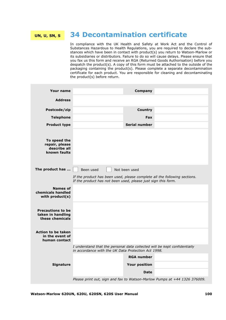 34 decontamination certificate | Watson-Marlow 620U User Manual | Page 100 / 100