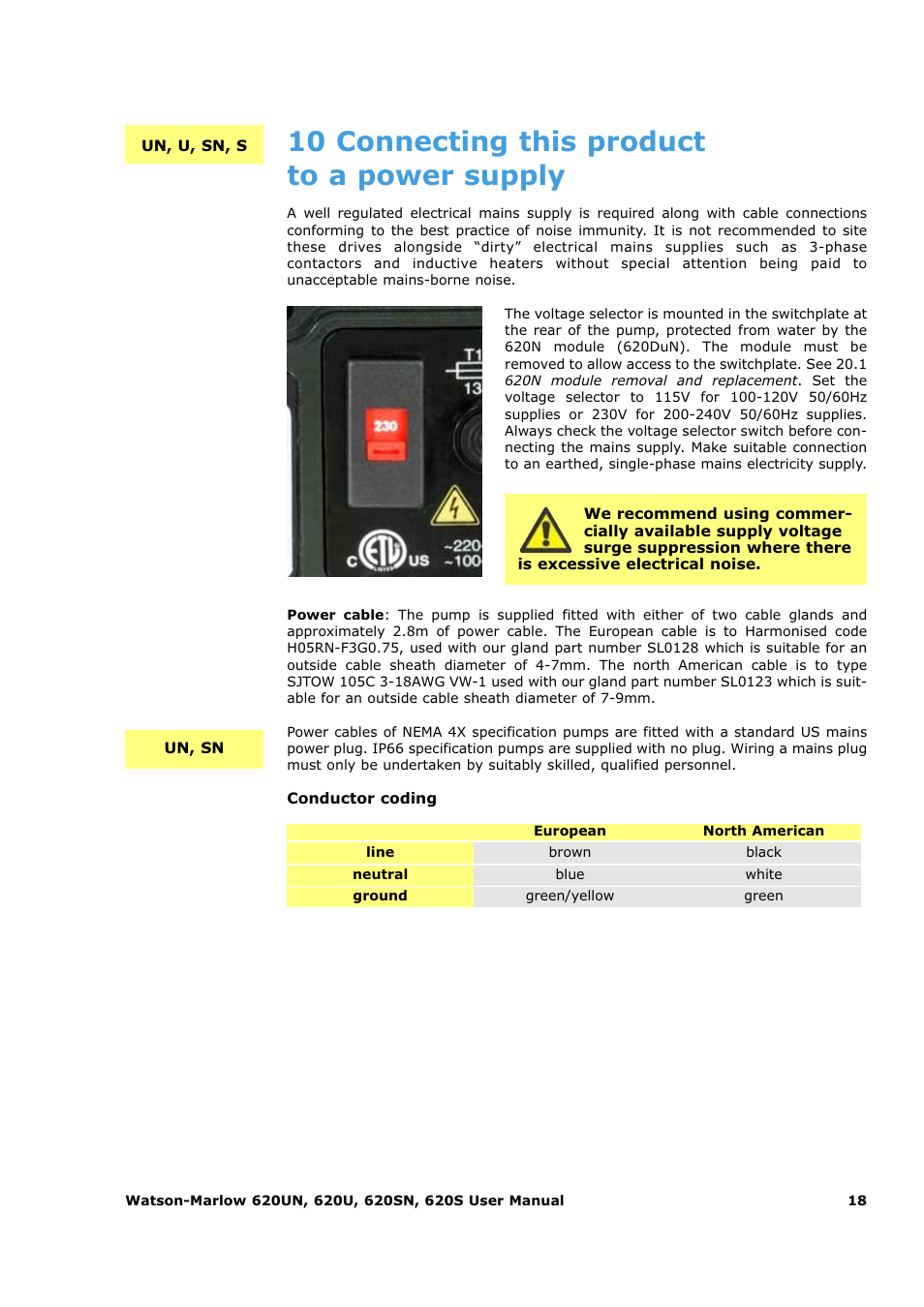 10 connecting this product to a power supply | Watson-Marlow 620U User Manual | Page 18 / 100