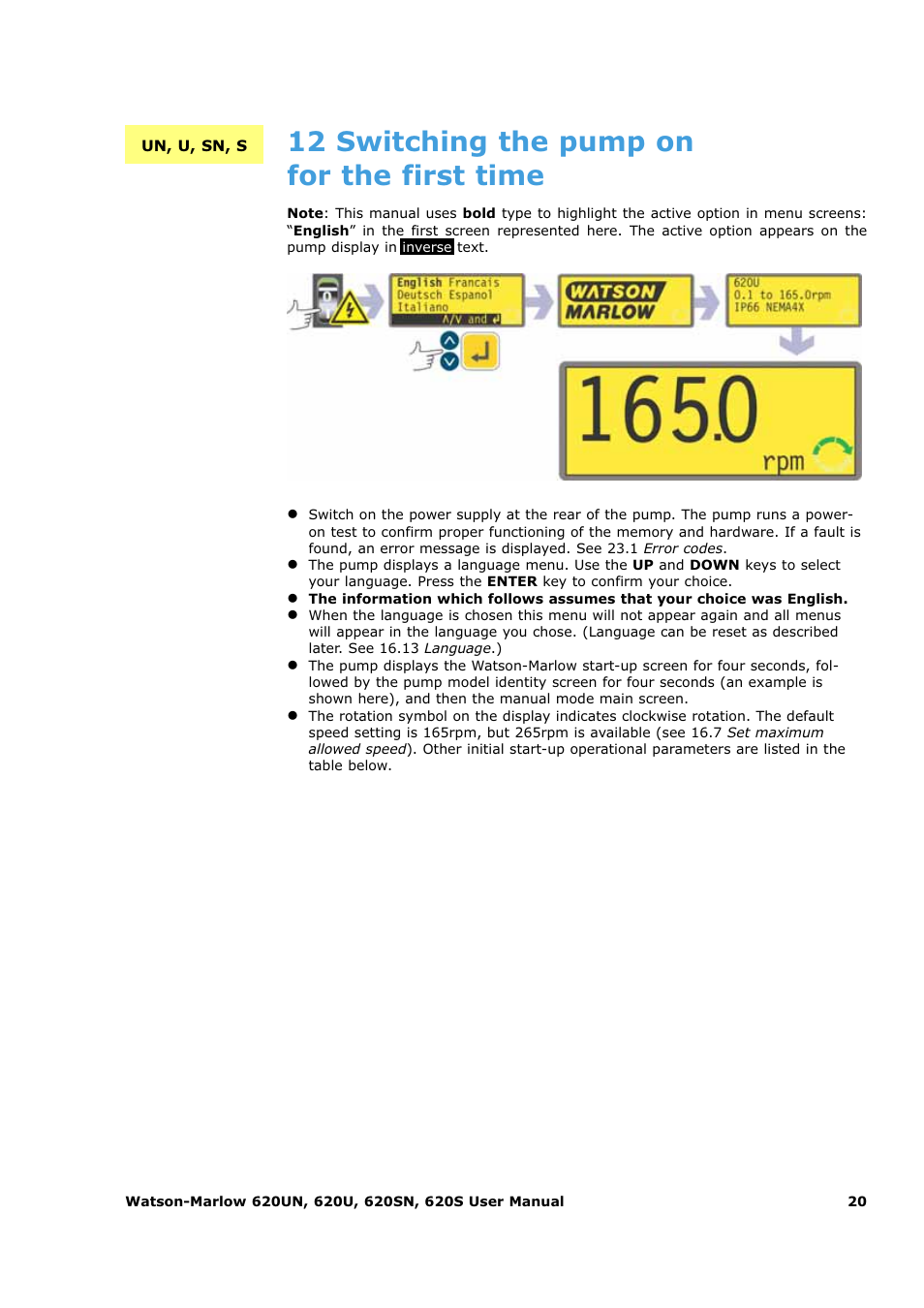 12 switching the pump on for the first time | Watson-Marlow 620U User Manual | Page 20 / 100