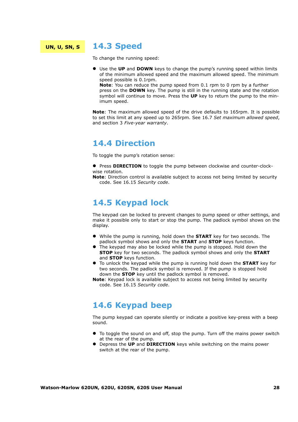 3 speed, 4 direction, 5 keypad lock | 6 keypad beep | Watson-Marlow 620U User Manual | Page 28 / 100