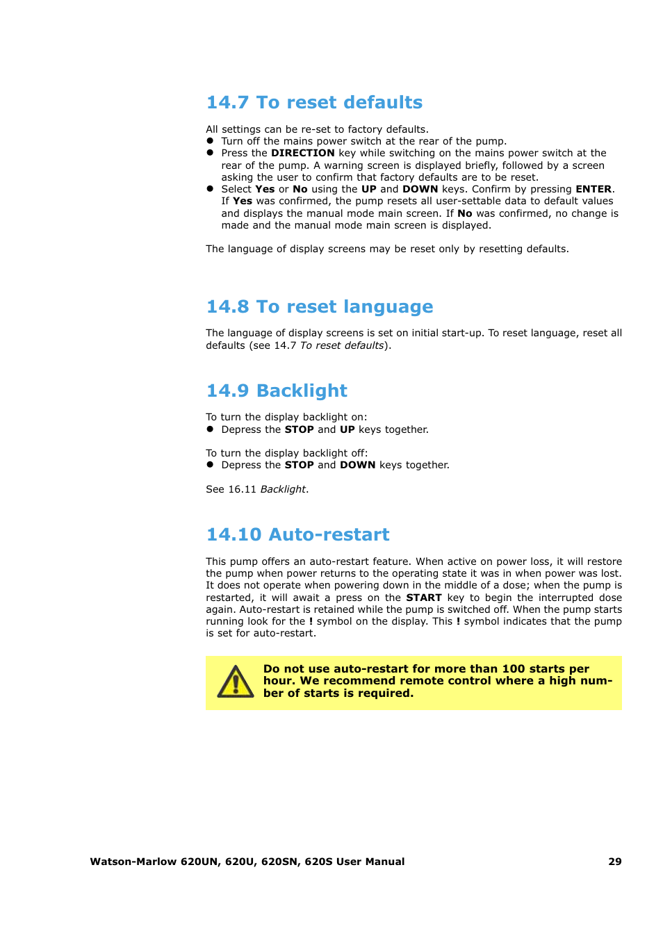 7 to reset defaults, 8 to reset language, 9 backlight | 10 auto-restart | Watson-Marlow 620U User Manual | Page 29 / 100