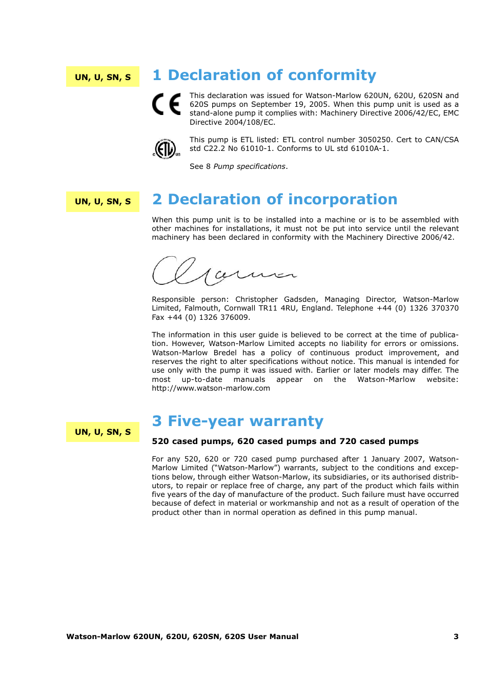 1 declaration of conformity, 2 declaration of incorporation, 3 five-year warranty | Watson-Marlow 620U User Manual | Page 3 / 100