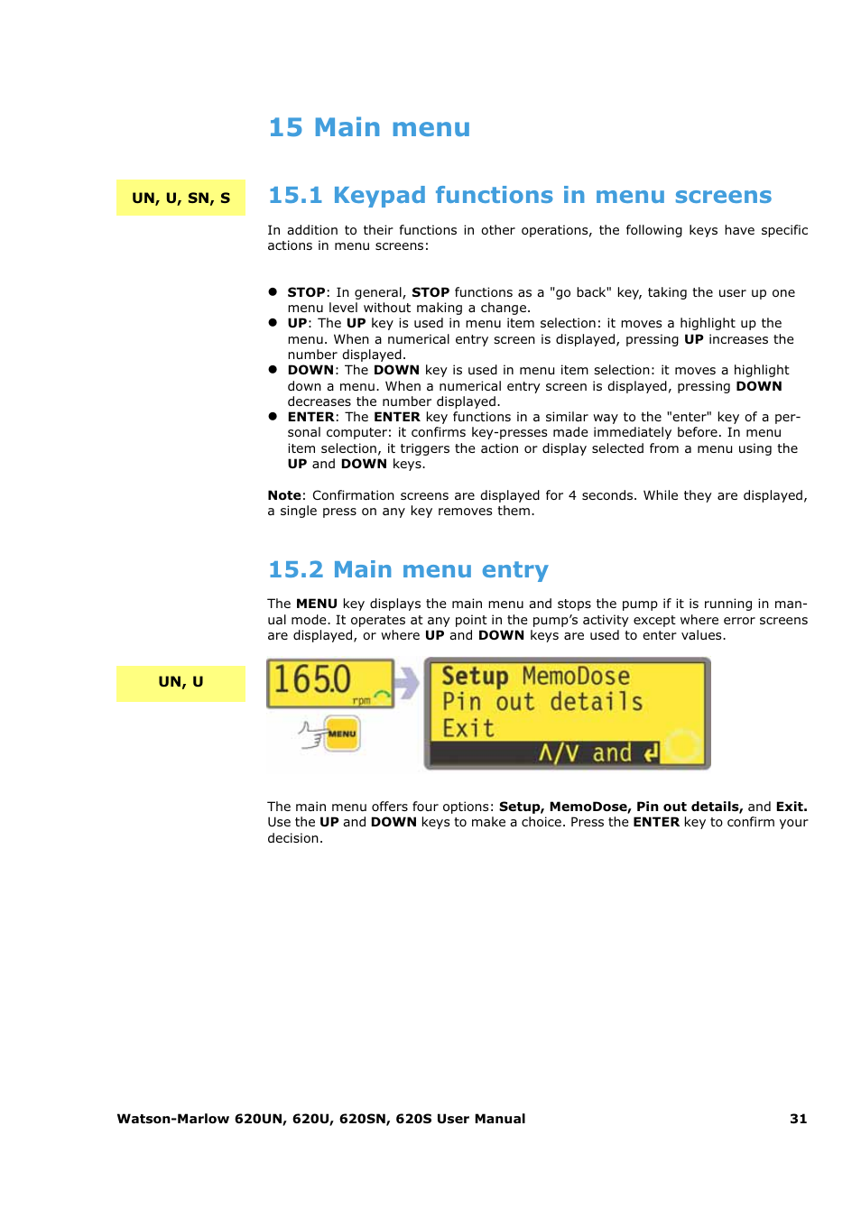 15 main menu, 1 keypad functions in menu screens, 2 main menu entry | Watson-Marlow 620U User Manual | Page 31 / 100