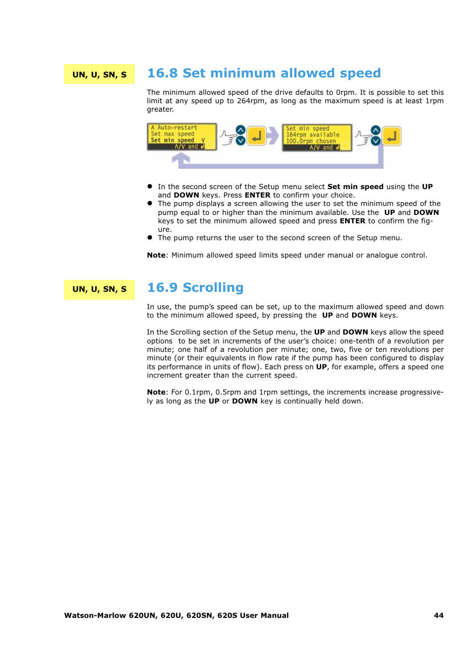 8 set minimum allowed speed, 9 scrolling | Watson-Marlow 620U User Manual | Page 44 / 100