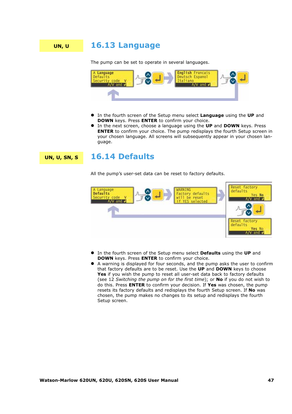 13 language, 14 defaults | Watson-Marlow 620U User Manual | Page 47 / 100