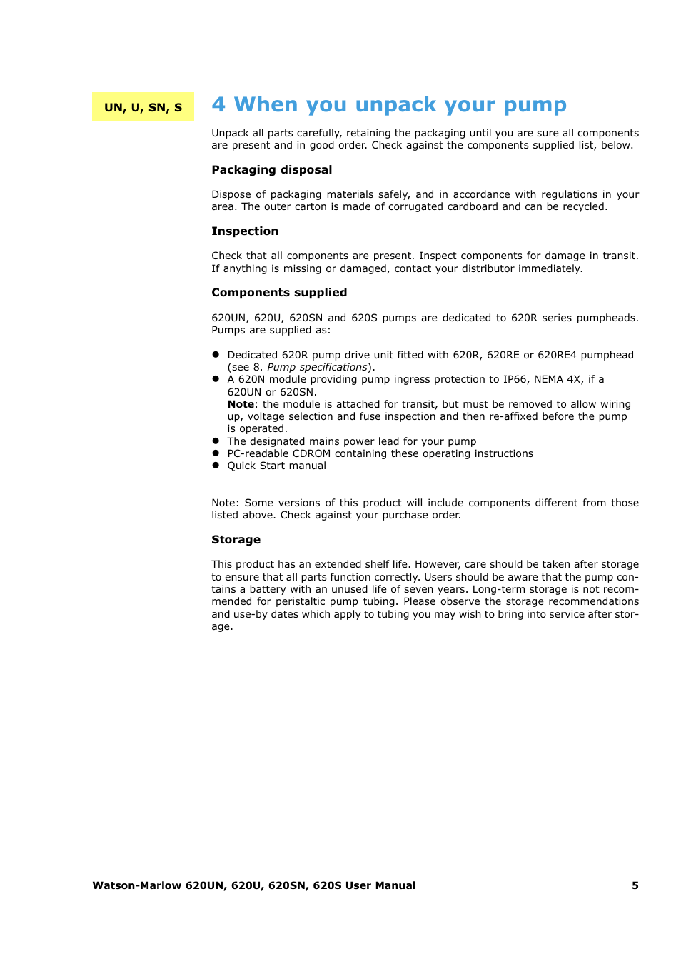 4 when you unpack your pump | Watson-Marlow 620U User Manual | Page 5 / 100