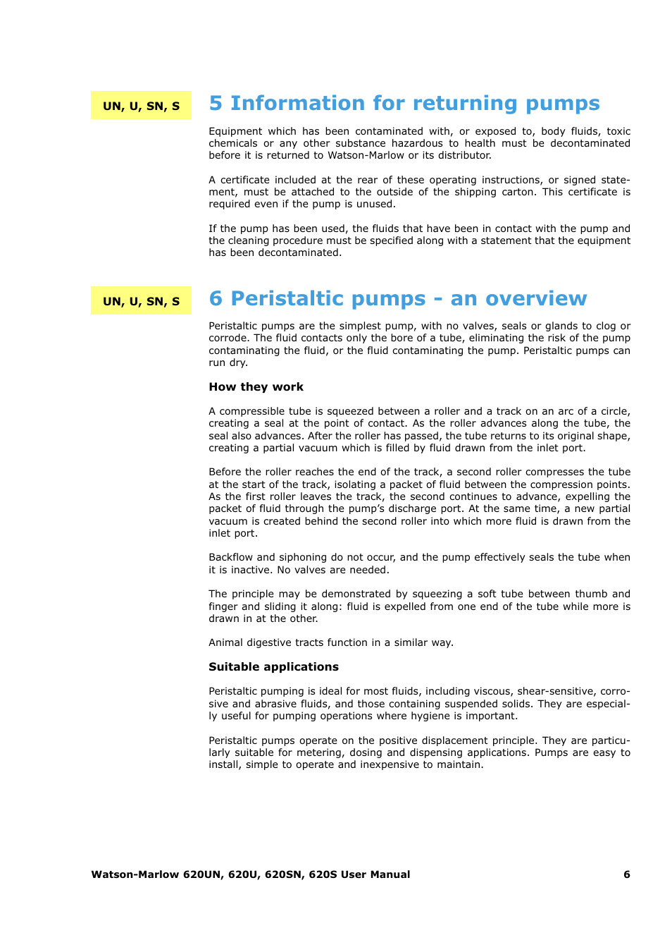 5 information for returning pumps, 6 peristaltic pumps - an overview | Watson-Marlow 620U User Manual | Page 6 / 100