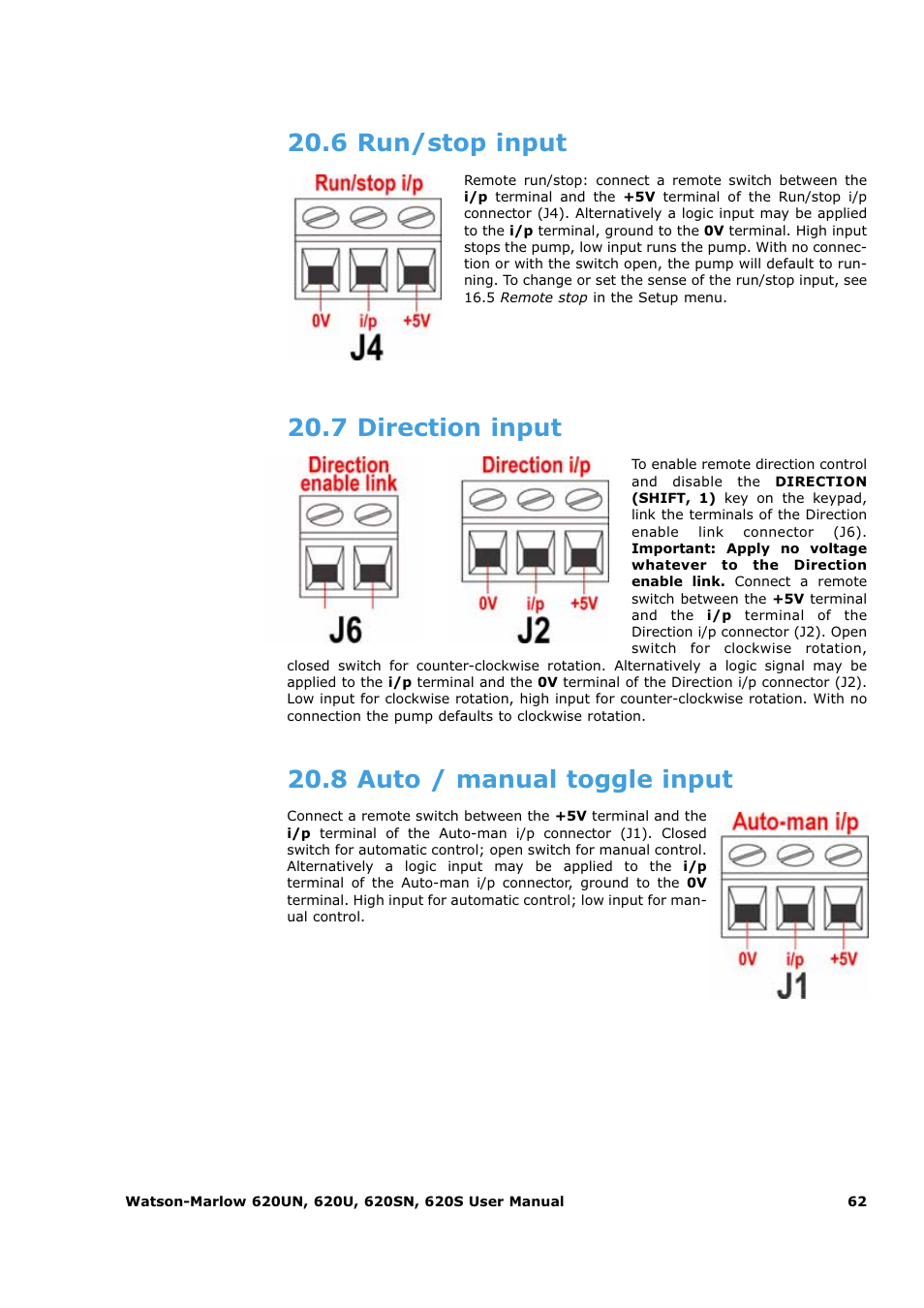 6 run/stop input, 7 direction input, 8 auto / manual toggle input | Watson-Marlow 620U User Manual | Page 62 / 100